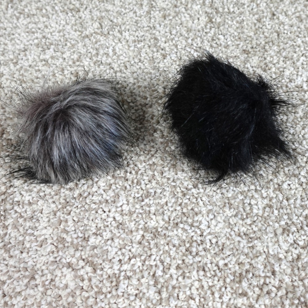 Set of 2 Faux Fur Pom Poms for Beanies Black and Grey Elastic Loop 3 Inch